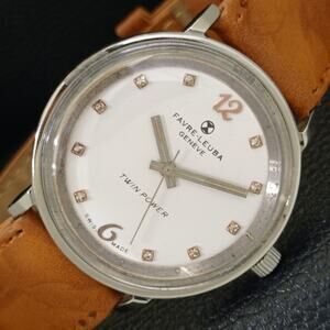 Vintage 1975 Favre Leuba Manual Mens Silver Watch W/Leather Strap